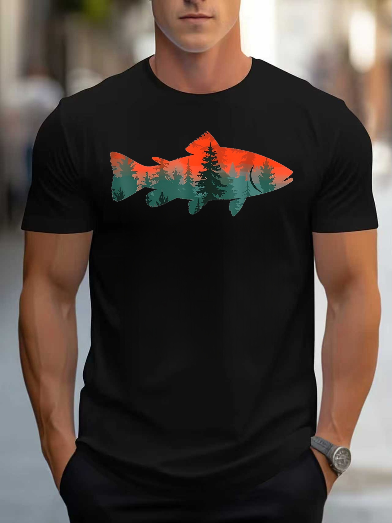 Outdoor Adventure Enthusiast - Natuurlijk geïnspireerd heren-T-shirt met bosvispatroon, zomerse
